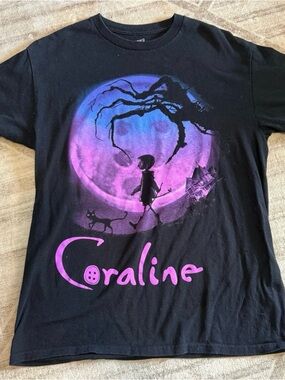 Hot Topic Black Coraline Graphic Tee with Purple/Pink Moon